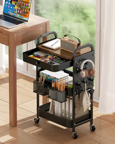 ALVOROG 3 Tier Metal Rolling Cart with Drawer,Wood Top,Pegboards,Black | Storage Utility Cart with Drawers,Pegboards,Lockable Wheels,Baskets,Hooks for Kitchen,Office,Bedroom,DIY Supplies - color: Black