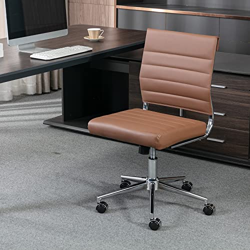 Okeysen Brown Armless Office Desk Chair, Mid Back Ergonomic Swivel Conference Room Chairs, Adjustable Height PU Leather Home Desk Chair, Modern Small Rolling Computer Task Chair - color: Brown