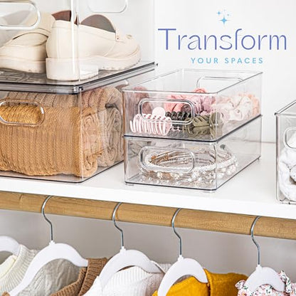 Plastic Food Storage 4 Pack Clear Container Bin with Handles for Organizing Kitchen, Pantry, Refrigerator, Freezer, Pantry, Cabinet, Closet, Bathroom. Stackable 10”x6”x3” - size: 10x6x3