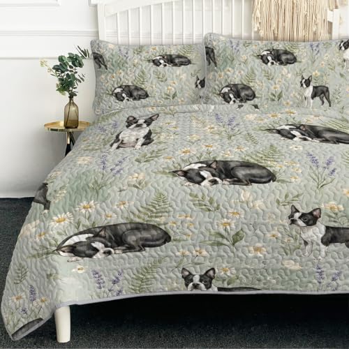 Boston Terrier Floral Quilt Twin Quilt Set Twin | Microfiber; Soft; Lightweight; Bedding; BlessLiving Boston Terrier Floral Quilt Twin; Set; Cute; Small; Botanical; Dog - color: Boston Terrier, size: Twin（70"Wx90"L）