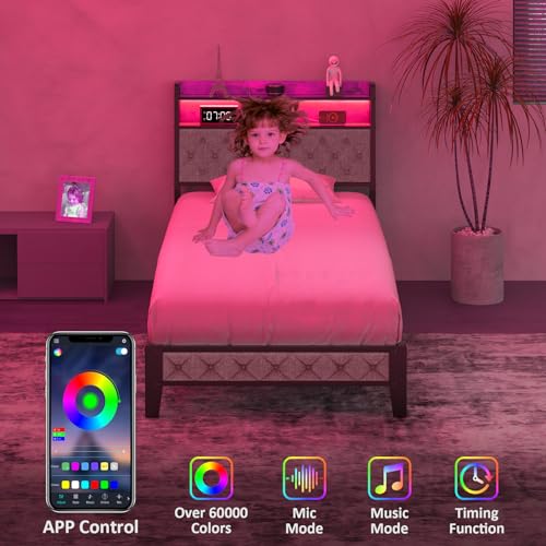 Winkalon Twin Metal Bed Frame with RGB Lights, Charging Station, Upholstered Headboard, Storage Shelves & Under Bed Space, Powder Coated, 250 lbs Capacity - size: Twin