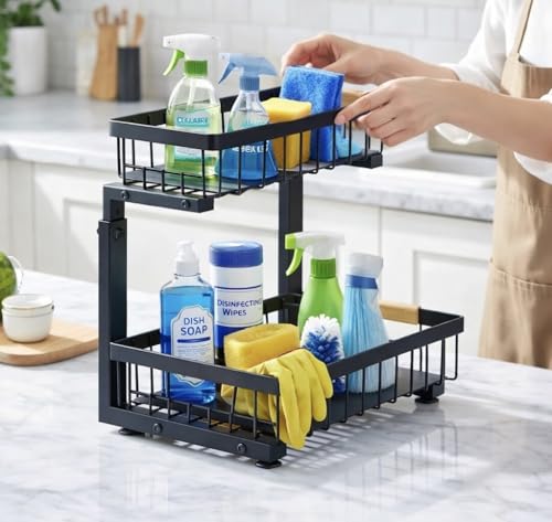 Lumela Under Sink Organizer, 2-Tier Slide-Out Cabinet Organizer Shelf, Height Adjustable Metal Pull-Out Storage Rack with Wood Handle for Kitchen & Bathroom Cabinets (Black)