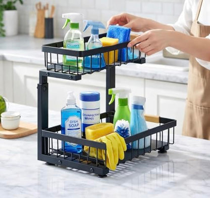 Lumela Under Sink Organizer, 2-Tier Slide-Out Cabinet Organizer Shelf, Height Adjustable Metal Pull-Out Storage Rack with Wood Handle for Kitchen & Bathroom Cabinets (Black)