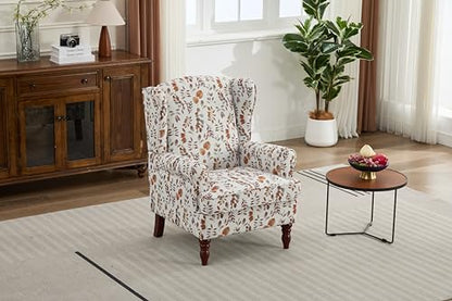 GDFStudio Modern Wingback Accent Chair with Solid Wood Legs and Cushion, Comfy Upholstered Floral Pattern Armchair, Retro Leisure Single Sofa Chair for Living Room Bedroom Home, Brown+Yellow - color: Brown+yellow