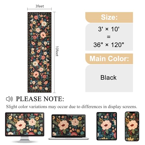 DUKINO 3x10 Runner Rug, Floral Washable Kitchen Runner Rug Non Slip, Black | Soft, Low Pile, Stain Resistant Indoor Rug Runner for Hallway, Entryway, Bedroom, Bathroom, Modern Home Decor, Pet Friendly - color: Black, size: 3' x 10' (Rectangular)