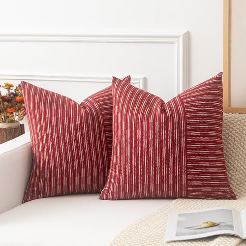Kevin Textile Valentines Wine Red and Beige Farmhouse Striped Patchwork Linen Decorative Throw Pillows Covers 18x18, Set of 2, Modern Accent Square Cushion Covers for Couch Chair Bedroom - color: Wine Red, size: 18" x 18" (Pack of 2)