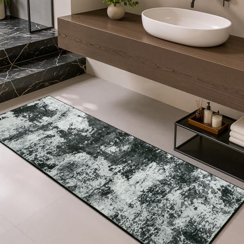 2x6 Hallway Runner Rug Washable Non-Slip Back Grey Low Pile Carpet | Stain Resistant, Soft Faux Wool, Abstract Pattern for Kitchen Walkway, Laundry Room, Entryway, Hallways - color: Black Grey, size: 2' x 6'(24''x72'')