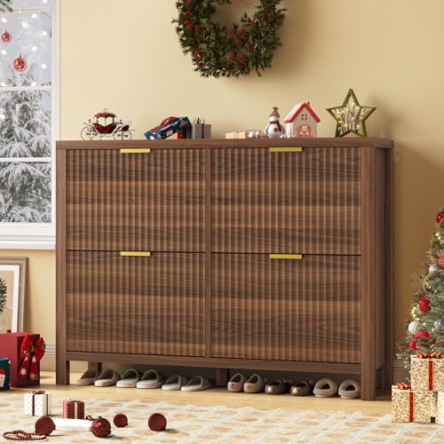 47" Fluted Shoe Cabinet Stoarge with 4 Flip Drawers for Entryway, Hallway | Hidden Shoe Rack Slim Freestanding Shoe Organizer with Legs for Hallway, Living Room, Walnut - color: Walnut, size: 4 Drawers