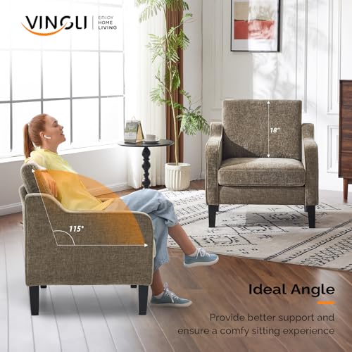 VINGLI Chair Light Brown Upholstered Chenille Accent Chair for Living Room, Bedroom, Mid-Century Modern Arm Chair Comfy Reading Chair with Scooped Arms - color: Light Brown