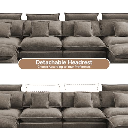 134'' Cloud Modern 4 Seater Couch with Detachable Headrest, Modular Sectional Sofa with 2 Ottomant, Oversized U Shape Chenille Comfy Sofa with Armrests for Living Room, Brown - color: Brown, size: U Shaped Couch
