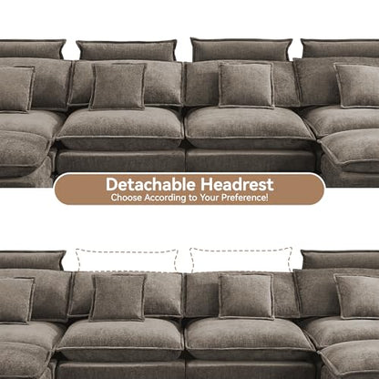 134'' Cloud Modern 4 Seater Couch with Detachable Headrest, Modular Sectional Sofa with 2 Ottomant, Oversized U Shape Chenille Comfy Sofa with Armrests for Living Room, Brown - color: Brown, size: U Shaped Couch