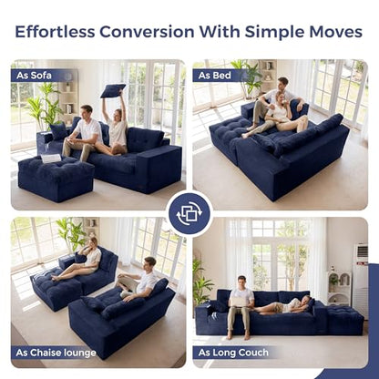 MAXYOYO Boneless Couch, 104-Inch L-Shaped Cloud Couch with Ottoman | Navy Upholstered Sofa Features Layered Cushions and Flexible Modules with No Assembly, Ideal for Modern Living Rooms. - color: Navy, size: 104" L Shape