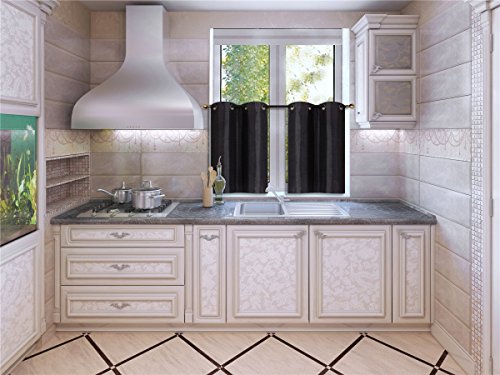 Elegant Home 2 Panels Tiers Grommets Small Window Treatment Curtain Faux Silk Insulated Blackout Drape Short Panel 28" W X 36" L Each for Kitchen Bathroom or Any Small Window # D24 (Black) - color: Black