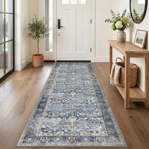 KUTA Vintage Washable Runner Rug 3x9 Blue Grey Beige Wide Hallway Runner | Non-Slip, Non-Shedding, Low Pile, Ultra Soft Distressed Flower Rugs For Kitchen Bathroom Entryway Bedroom Laundry Foyer - color: Blue Grey Beige, size: 3' x 9' (Runner)