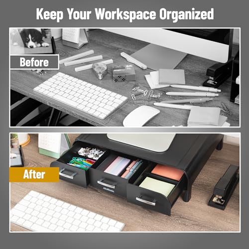 Mind Reader Monitor Stand, Laptop Riser, Desktop Organizer, Storage Drawer, Office, Plastic, 13.5"L x 13"W x 4"H, Black - size: 1 Pack
