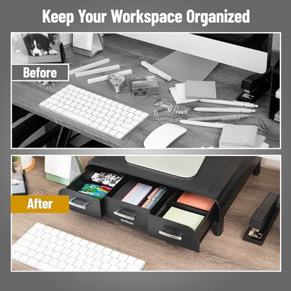Mind Reader Monitor Stand, Laptop Riser, Desktop Organizer, Storage Drawer, Office, Plastic, 13.5"L x 13"W x 4"H, Black - size: 1 Pack