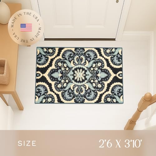 Maples Rugs Vivian Medallion Area Rug – Made in USA – Washable, Non-Slip Indoor Carpet for Kitchen, Entryway, and Living Room, 2'6 x 3'10, Persian Blue - color: Persian Blue, size: 2'6" x 3'10" (Rectangular)