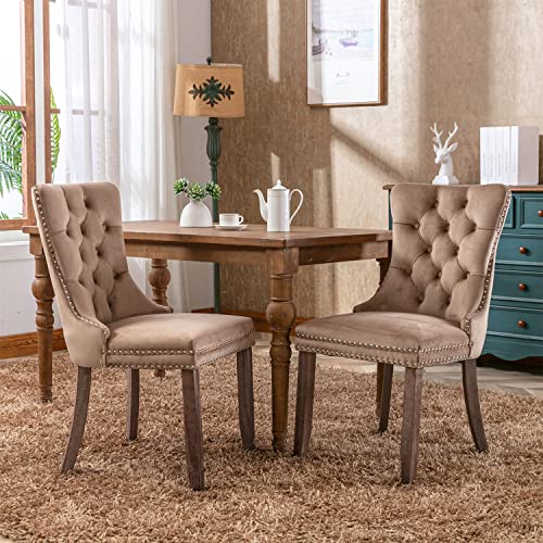 Virabit Velvet Dining Chairs Set of 2, Tufted Upholstered Dining Chairs with Nailhead Back and Ring Pull Trim, Solid Wood Dining Chairs for Kitchen/Bedroom/Dining Room (Khaki) - color: Khaki, size: set of 2