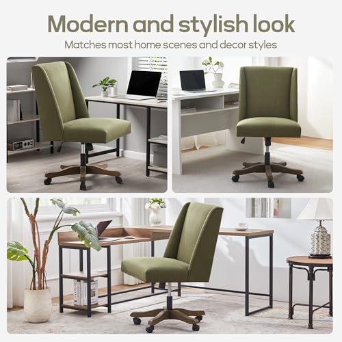 Upholstered Armless Office Chair Fabric Swivel Home Desk Chair with Wheels | Modern Comfy Boho Office Chair with Wooden Legs Adjustable Desk Chair no Arms for Sewing Women Farmhouse Study Studio Green - color: Green
