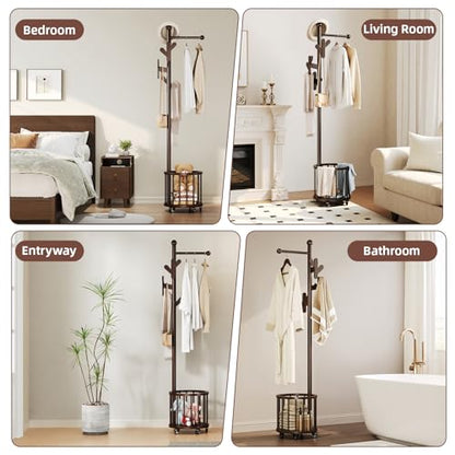 CozyDH Wooden Coat Rack Stand with Umbrella Holder and Wheels, Freestanding Hall Tree Coat Hanger with Multi Hooks, Heavy Duty Coat Tree for Entryway Bedroom Hallway Office, Deep Walnut - color: Dark Walnut, size: Round-15.7D×15.7W×72.8H