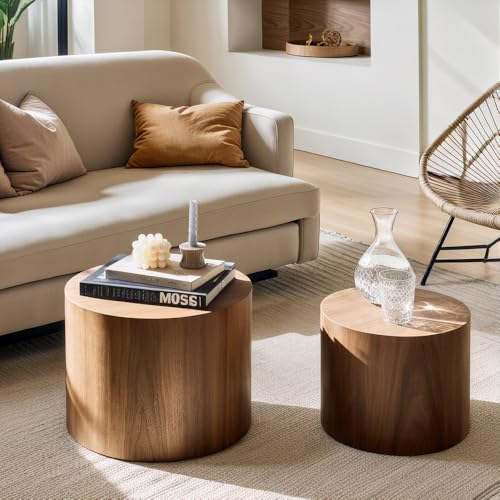 Nesting Coffee Table Set of 2, Modern Round Coffee Table with Non-Slip Feet, Walnut Wooden Circle Accent Tables for Small Spaces Living Room Bedroom Balcony Office Drum Side Table (Walnut) - color: Walnut