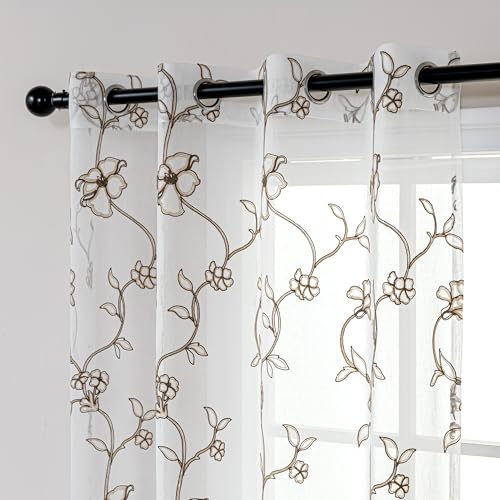 SLEEP ZONE Sheer Curtains for Living Room and Bedroom, Embroidered Sheer Curtains White Sheer Curtain 42 × 95 inches Long of 2 Panels, Off-White Floral Leaf - color: White Floral Leaf, size: 42"W×95"L
