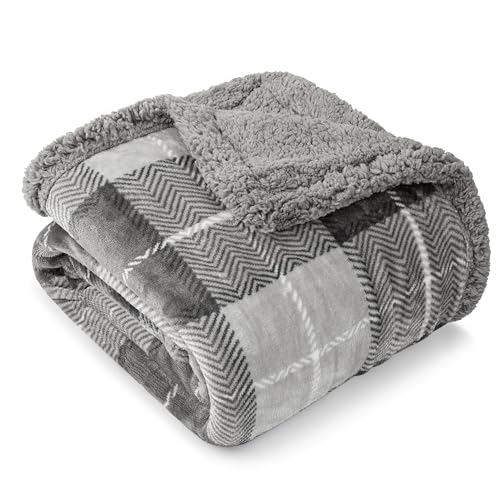 PAVILIA Plaid Sherpa Throw Blanket for Couch Sofa Bed, Light Grey, 50x60 | GSM 460; Soft Plush Flannel Fleece; Warm&Cozy for Home; Machine Washable, Perfect Cabin Decor Winter Holiday Christmas Gift - color: Plaid Light Gray, size: 50 x 60 Inches
