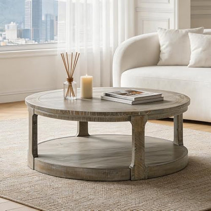 40" Round Coffee Table with Wheels, Circle 2 Tier Solid Wood Center Coffee Table, Mid Century Retro Farmhouse Rounded End Table for Living Room Apartment, ø40 x 17.52" H (Light Brown) - color: D-40" Light Brown