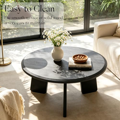 32" Round Coffee Table for Living Room, Wood Coffee Table with Solid Wood Legs, Small Center Table for Apartment, Modern Rustic Coffee Table with Anti-Resistant Top, Easy Assembly, Black - color: Circle, Black