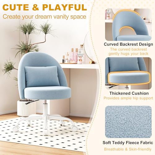 Misolant Vanity Chair with Back, Armless Cute Office Chair with Wheels for Girls, Teddy Fleece Fabric Small Desk Chairs with Adjustable Height, Lumbar Support Pillow, 360°Swivel for Makeup Room, Blue - color: Blue