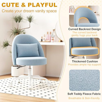 Misolant Vanity Chair with Back, Armless Cute Office Chair with Wheels for Girls, Teddy Fleece Fabric Small Desk Chairs with Adjustable Height, Lumbar Support Pillow, 360°Swivel for Makeup Room, Blue - color: Blue