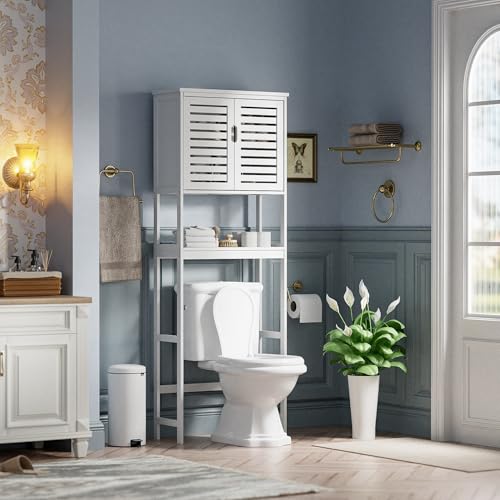 SMIBUY Bathroom Over The Toilet Storage Cabinet, 2 Door Bamboo Cabinet Organizer, Freestanding Space Saver Toilet Rack with Adjustable Inside Shelf and Open Shelf (White) - color: White