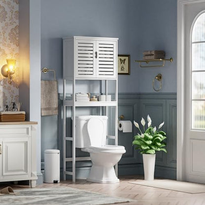 SMIBUY Bathroom Over The Toilet Storage Cabinet, 2 Door Bamboo Cabinet Organizer, Freestanding Space Saver Toilet Rack with Adjustable Inside Shelf and Open Shelf (White) - color: White