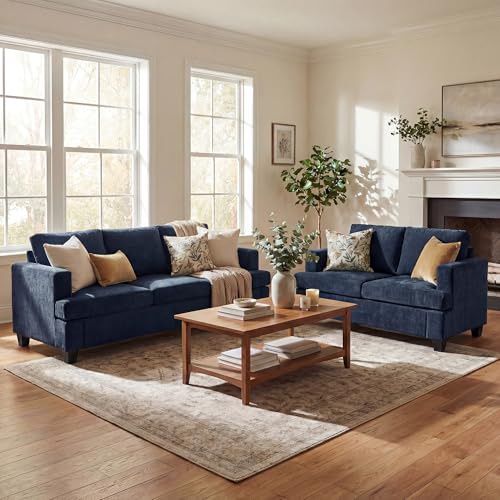YOUDENOVA 2 Piece Set Comfy Sofa Couch, 3 Seater & Loveseat Sofa with Deep Seats, Modern Sleeper Couch for Living Room, Navy Chenille - color: Blue Chenille, size: 3-Seater + Loveseat