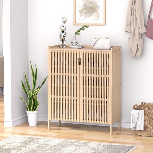 Shoe Storage Cabinet for Entryway, 5-Tier Bamboo Shoe Organizer with Doors | Modern Farmhouse | Freestanding | Adjustable Shelf | Narrow Wood Shoe Cabinet for Front Door, Hallway, Bedroom & Living Room - color: Natural