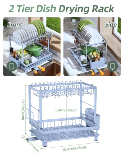 Dish Drying Rack 2-Tier Dish Racks with Drainboard, Rustproof, Space-Saving Dish Rack, Utensil & Cup Holder for Kitchen Counter, Blue - color: Blue