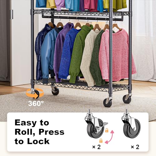 M MZG Heavy Duty Rolling Garment Rack 3 Tiers Adjustable Wire Shelving Clothes Rack with 2 Rods and Side Hooks,Storage Closet Clothing Rack with Wheels Black 15.7" D x 45.3" W x 79.6" H - color: Black, size: 3 Tier and 2 Rod 15.7"D x 45.3"W x 79.6"H