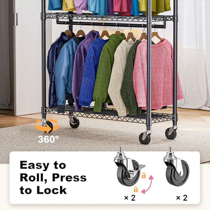 M MZG Heavy Duty Rolling Garment Rack 3 Tiers Adjustable Wire Shelving Clothes Rack with 2 Rods and Side Hooks,Storage Closet Clothing Rack with Wheels Black 15.7" D x 45.3" W x 79.6" H - color: Black, size: 3 Tier and 2 Rod 15.7"D x 45.3"W x 79.6"H