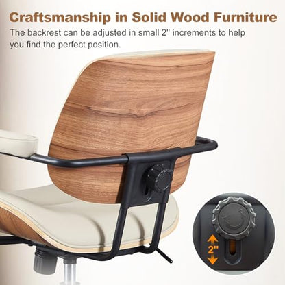 Mid Century Modern Office Chair with Armrest and Adjustable Backrest, Beige | Wooden frame with armrests & adjustable backrest, swivel & height-adjustable, PU leather seat for home office comfort - color: Beige
