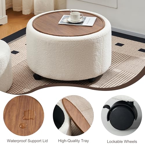 28 Inch Round Storage Ottoman with Wheels Set of 2, Multifunctional Coffee Table Ottoman with Removable Solid Wood Lid, Modern Circle Ottoman Foot Rest for Living Room, Bedroom, Beige - color: Beige