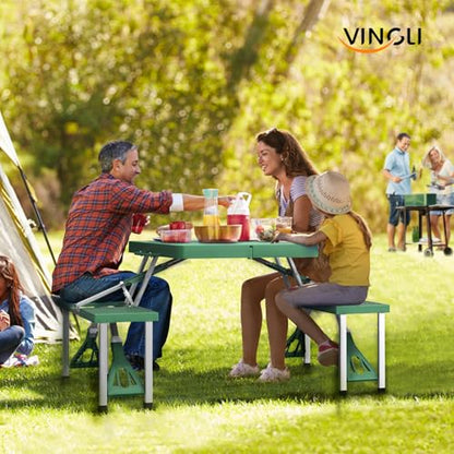 VINGLI 4 Ft Portable Folding Picnic Table Camping Table Foldable Set with 4 Seats with Umbrella Hole Suitcase Card Table-220 Lbs Support Aluminum Frame, Plastic RV Tabletop for Yard, Travel - color: Green
