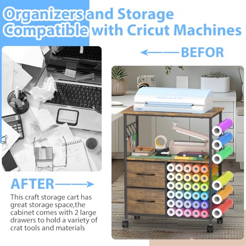 Storage Cart Compatible with Cricut Machines, 30 Vinyl Roll Holders with 2 Drawers, Mobile Rolling Craft Cabinet Table for Accessories Holder, Tool Hook for Craft Room Home, DIY