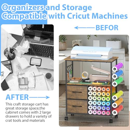 Storage Cart Compatible with Cricut Machines, 30 Vinyl Roll Holders with 2 Drawers, Mobile Rolling Craft Cabinet Table for Accessories Holder, Tool Hook for Craft Room Home, DIY