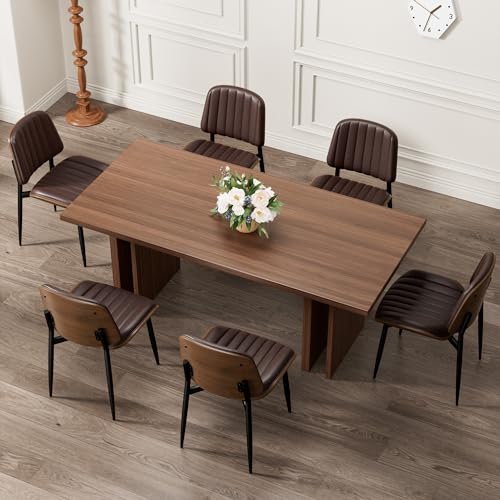 Dining Chairs Set of 2, Mid-Century Modern Upholstered PU Leather Chairs | with Walnut Bentwood Back and Metal Legs Adjustable Feet for Kitchen Dining Living Room, Dark Brown Vertical Stripes - color: Dark Brown Vertical Stripes