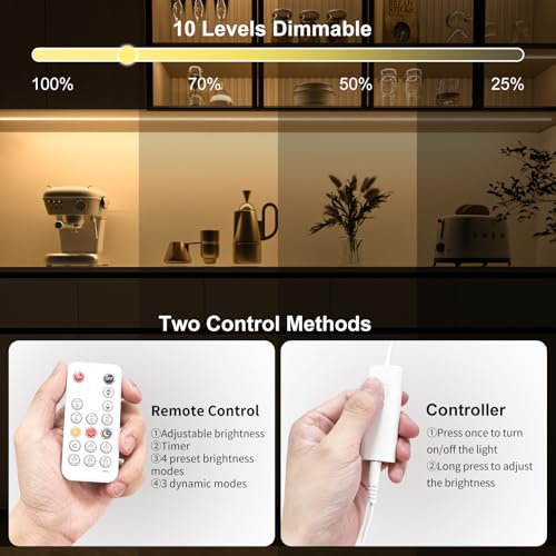 WOBANE Dimmable Under Cabinet Lights,9.8ft COB LED Light Strip with Remote | 4000K Natural White,1500 Lumen,24W Adapter,RF Remote,Super Bright Daylight for Kitchen Cabinet,Under Desk,Counter Lighting - color: Natural White, size: 9.8ft COB