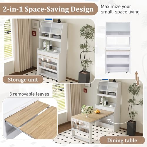 Wood Buffet Cabinet with Folding Dining Table, Craft Cabinet with Fold Out Table and Storage Shelf, Hooks, Multifunctional Cupboard for Small Places,Studio, Apartment (White+Natural) - color: White+natural