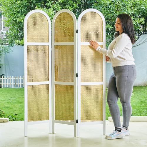 Svimi Room Dividers and Folding Privacy Screens, Pine Wood 5.6 Ft Double Hinged Rattan Partition Freestanding Wall Room Divider for Home - 3 Panels (White) - color: White