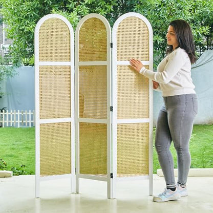 Svimi Room Dividers and Folding Privacy Screens, Pine Wood 5.6 Ft Double Hinged Rattan Partition Freestanding Wall Room Divider for Home - 3 Panels (White) - color: White