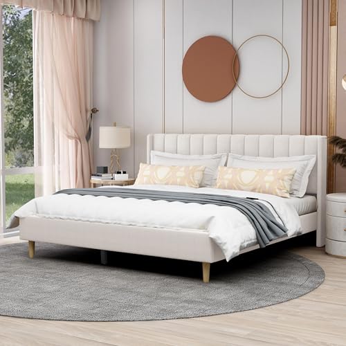 AGARTT Upholstered Platform Bed Frame King Size, Beige Velvet | Headboard and Footboard/Wooden Slats Support/No Box Spring Needed/Easy Assembly - color: Beige Velvet, size: King