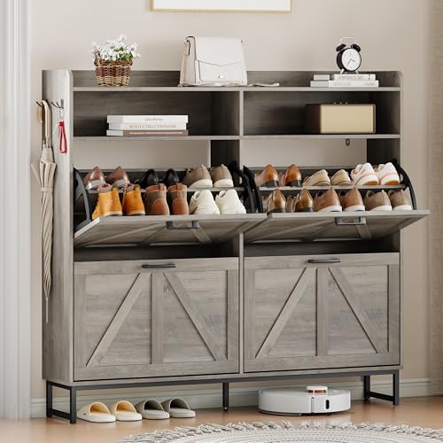 Shoe Cabinet Storage for Entryway, Shoe Storage Cabinet with 4 Flip Drawers, Freestanding Narrow Shoe Rack Organizer with Metal Legs, Adjustable Shelves & Open Storage for Foyer, Hallway, Grey - color: Grey, style: 4 Drawers